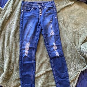 Distressed high waisted flex straight leg jeans